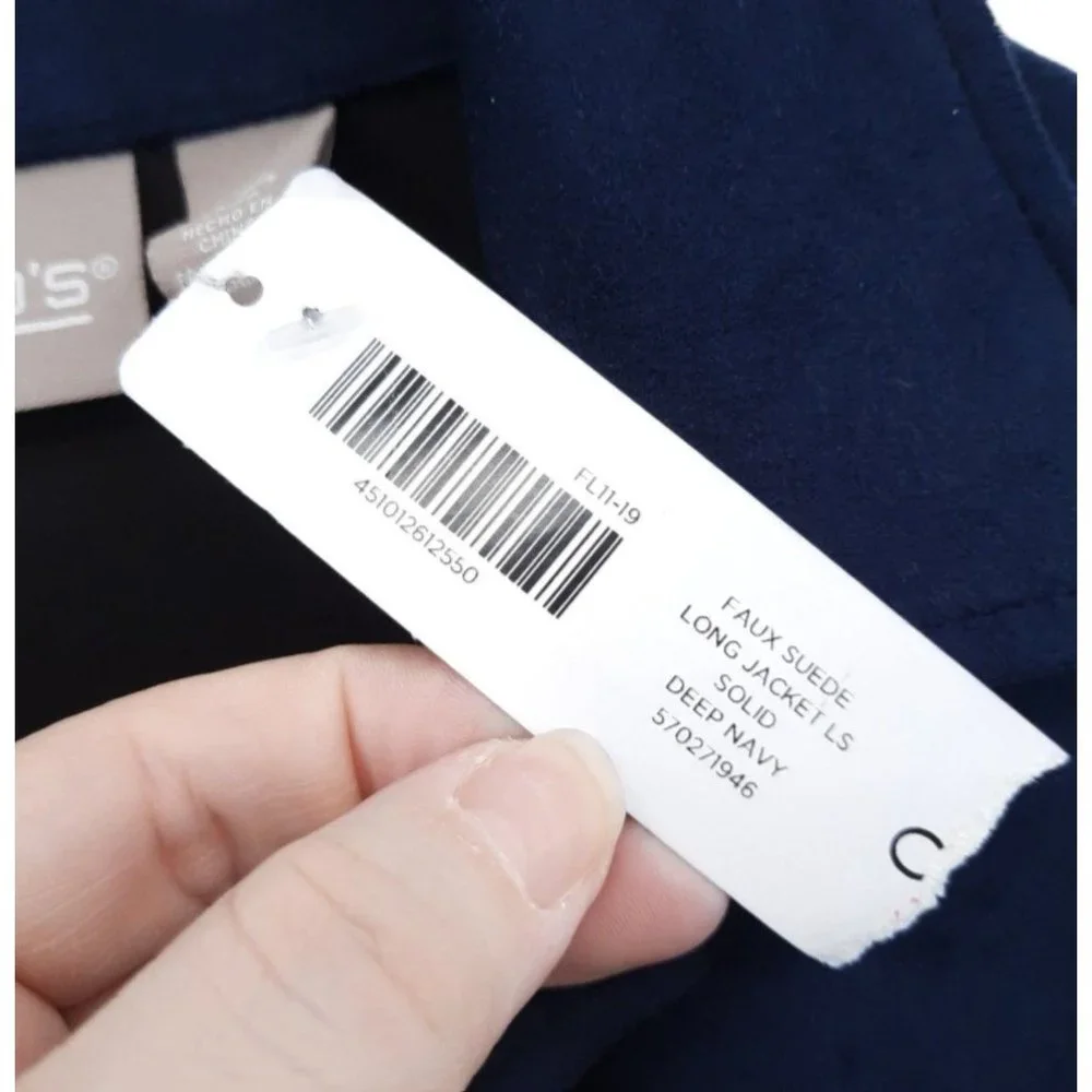 NEW Chico's Deep Navy Faux Suede Long Jacket Size 0 Small 4 Button Front Pockets_5
